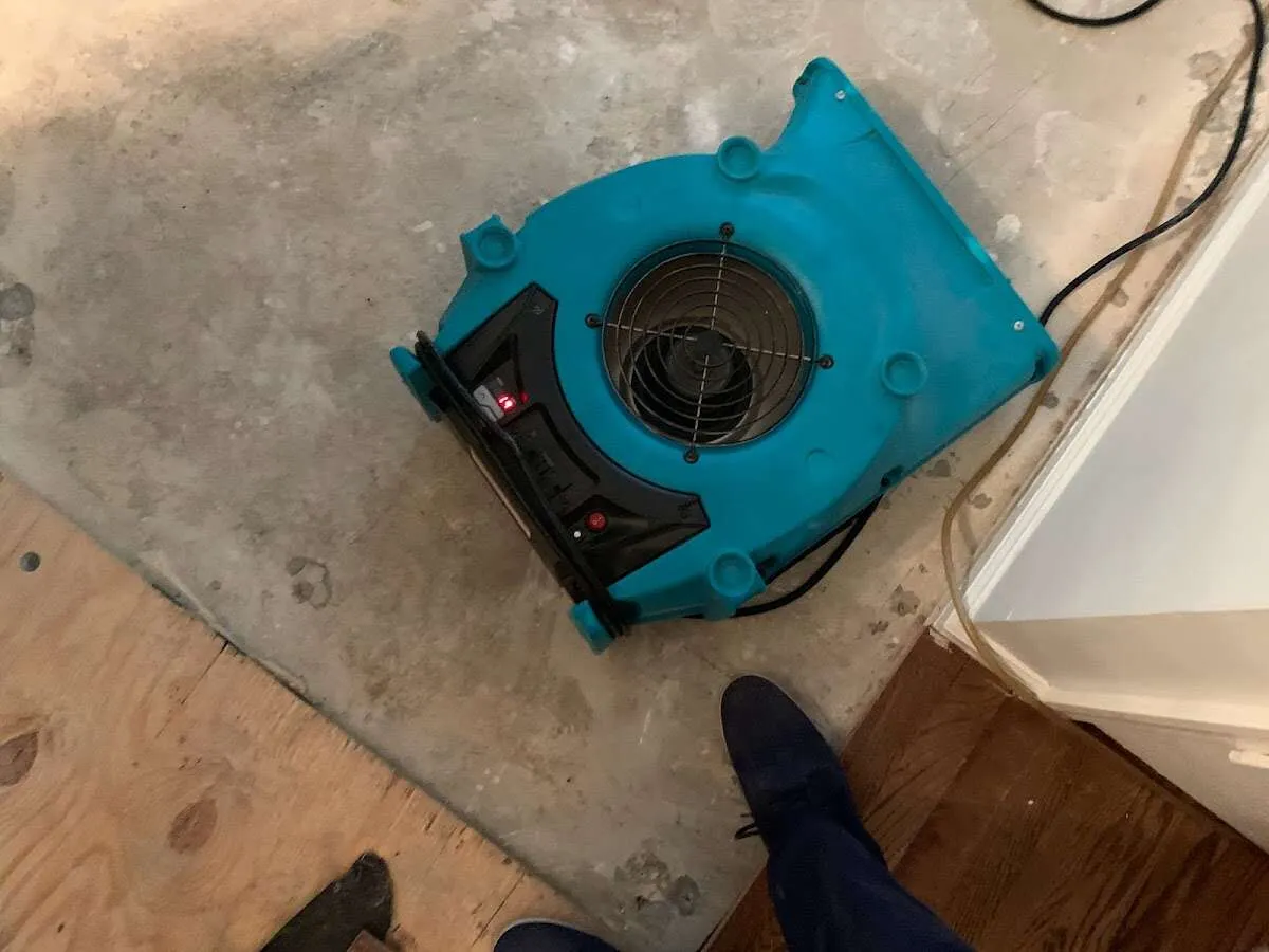 Air mover drying subfloor during Commercial Water Damage Restoration in Carneys Point